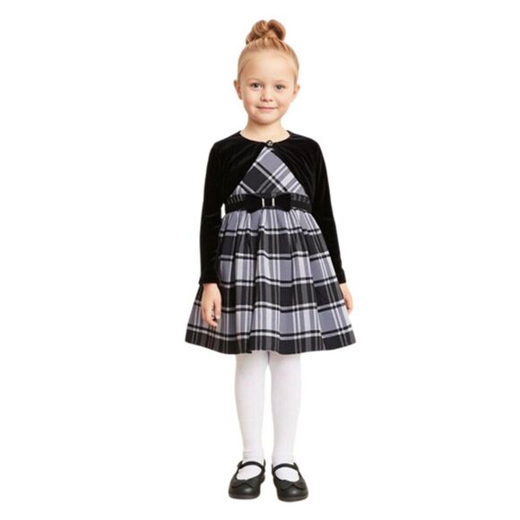 Jona Michelle Special Occasion Black Gray plaid Dress and Velvet Bolero Size 2T - Picture 1 of 11